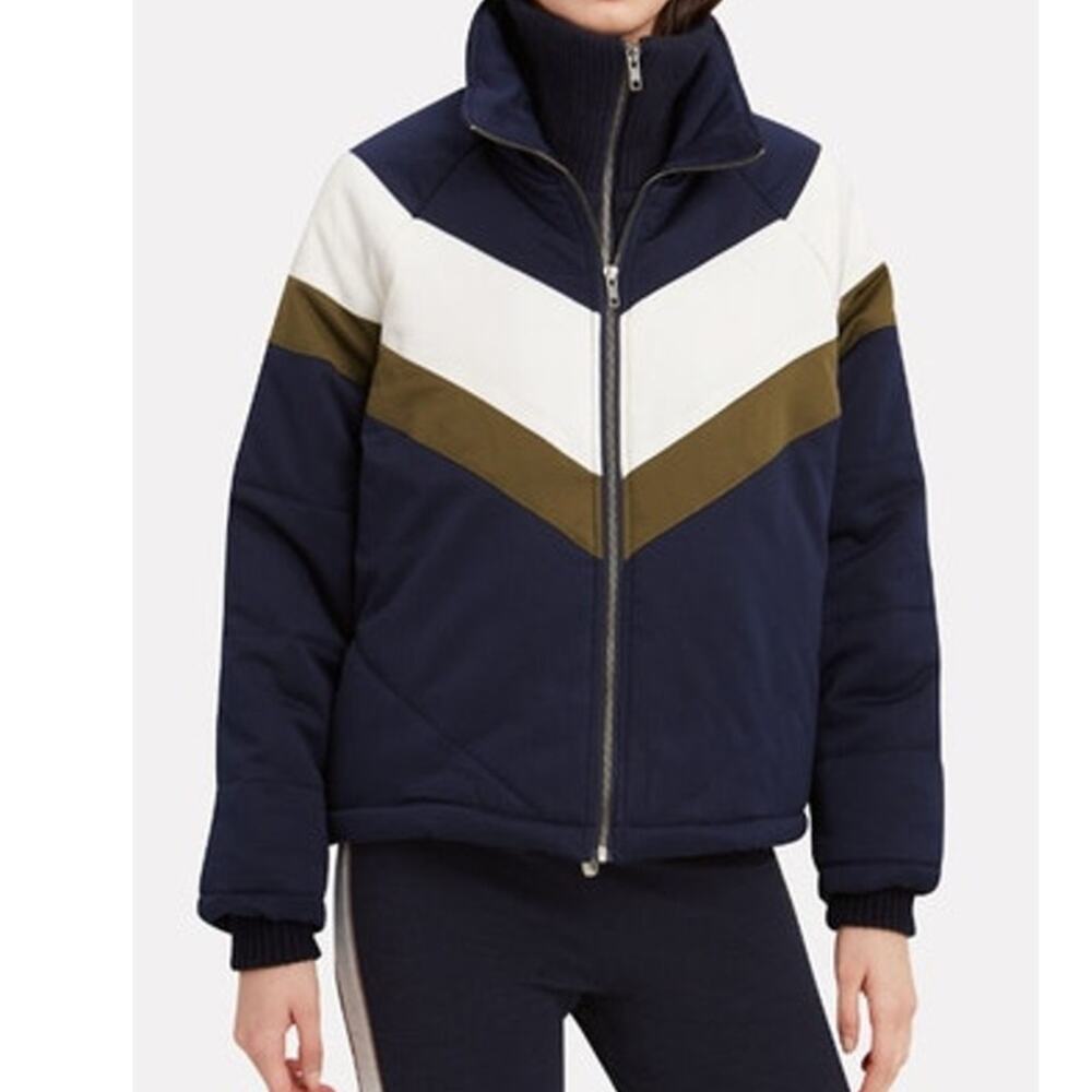 Monrow Navy, White & Olive Chevron Puffer Jacket